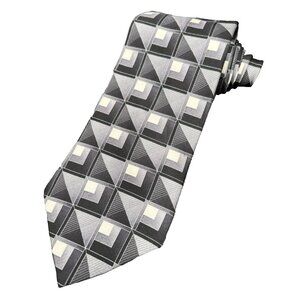 STAFFORD Men's Tie 100% Silk Black Grey White Geometric Square's USA Seller EUC